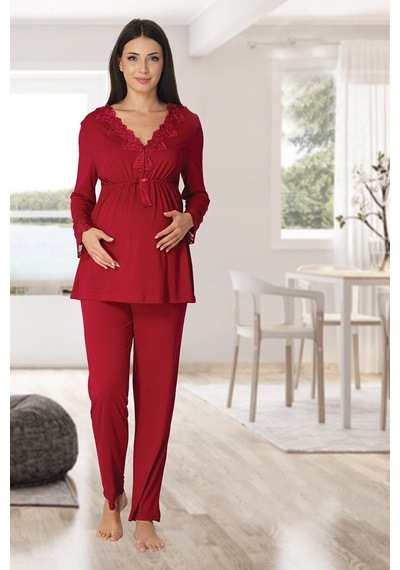Effortt Kadın Vişne Yakası Dantelli Lohusa Pijama Takımı 8092 Vişne