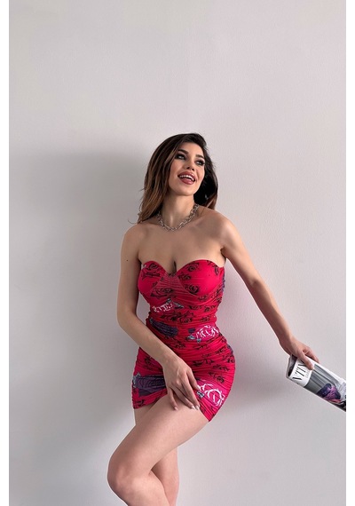 Nido Moda Çiçek Desenli Drapeli Mini Dilber Elbise - Kırmızı - S - 9057129389586