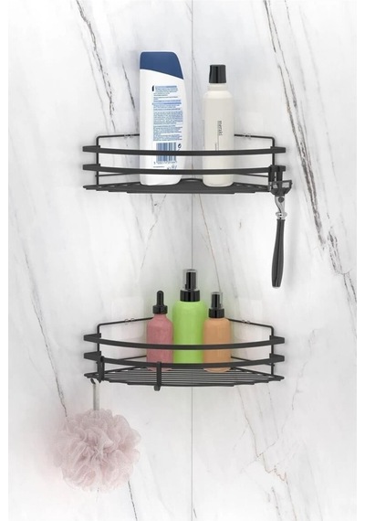 Tekno Tel St-207 Yapışkanlı 2'li Köşelik Banyo Rafı Siyah Deliksiz Duş Organizeri Kancalı Siyah
