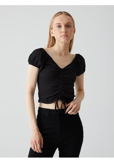 Ltb V Yaka Önü Büzgülü Crop Top Siyah T-shirt 013168000060019 200-200 Siyah