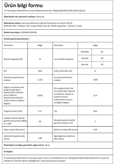 Samsung DW60DG540FSR 4 Programlı 13 Kişilik Bulaşık Makinesi