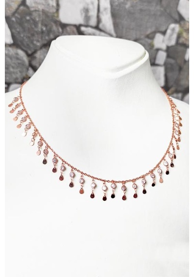 Taşlı Pullu Sallantılı Gümüş Kolye Rose Gold