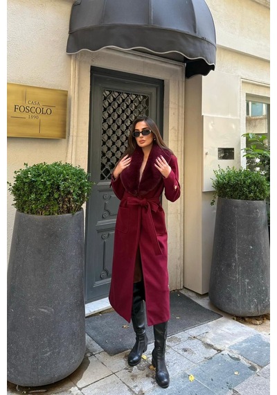 Dip Moda Kadın Kaşe Kumaş Cepli Yaka Kürklü Tam Boy Kuşaklı Kaban Dpstr1003 Bordo
