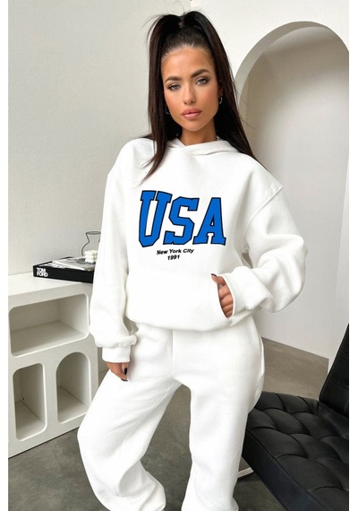 Eşofman Takımı Sweatshirt Jogger - Beyaz Baskılı Oversize Şardonlu Kapüşonlu Beyaz