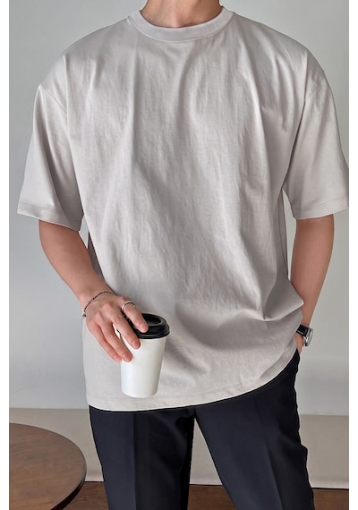 Genius Store Erkek Oversize Tişört Pamuk Kumaş Bisiklet Yaka Rahat Kalıp T-shirt Gri