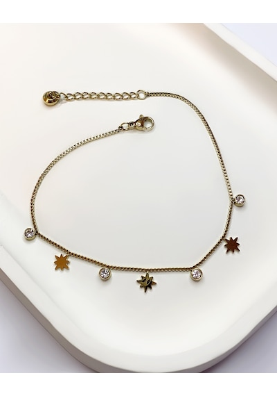 Kadın Yıldız Ve Tektaş Model Gold Renk Çelik Halhal