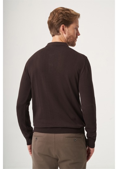 İmza Kahverengi Polo Yaka Uzun Kol Örme Comfort Fit Pamuklu Kazak 1012265150