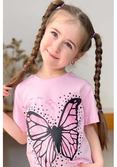 Riccotarz Kız Çocuk Puantiye Baskılı Ve Kelebek Baskılı Pembe T-shirt Şortlu Takım