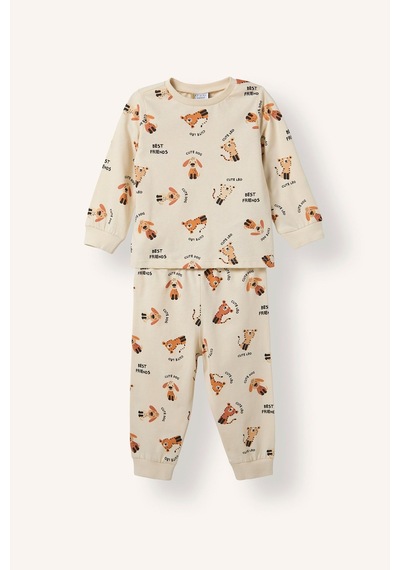 Defacto %100 Pamuk Uzun Kollu Bisiklet Yaka Üst Jogger Alt Hayvan Baskılı 2li Pijama Takımı Erkek Bebek H6537a526aubg734 Bej-bg734