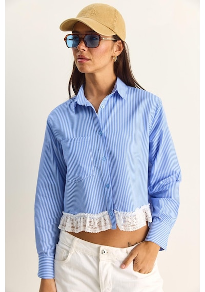 Shade Kadın Dantel Detaylı Çizgili Poplin Crop Gömlek Dg261023 60286099 - Mavi