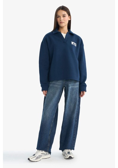 Defacto Coool Oversize Geniş Kalıp Polo Yaka Baskılı Sweatshirt G3721ax25wnnv248 Lacivert-nv248