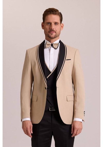 Ysf Erkek Bej Slim Fit Şal Yaka Yelekli Damatlık