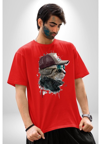 Pilot Çeketli Deri Şapkalı Cool Kedi Pamuklu Bisiklet Yaka Unisex Oversize Boyfriend Dijital Baskılı Kırmızı T-shirt Kırmızı