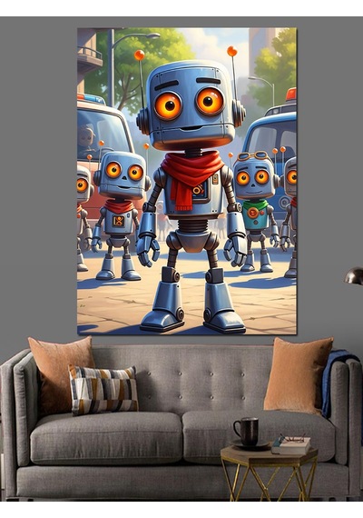 Ahşap Tablo Küçük Robotlar Şehir Yolunda