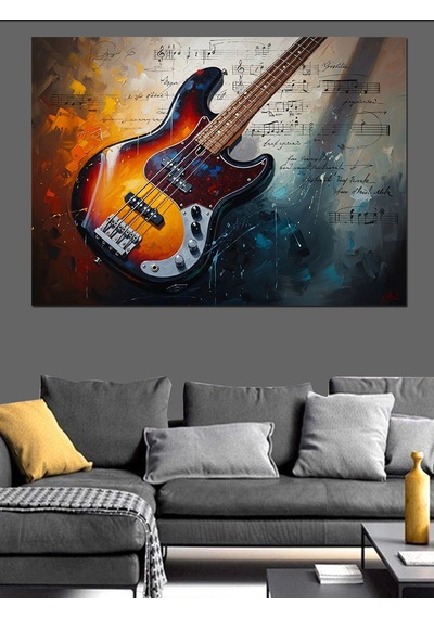 Ahşap Tablo Elektro Gitar Ve Renkli Boya Patlaması İnsan Figürlü Tablolar