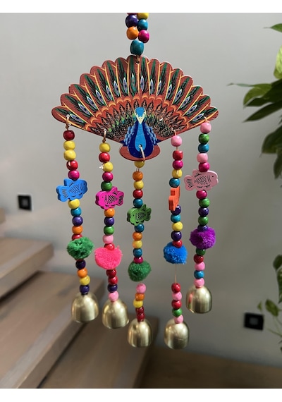 Tavuskuşu Detaylı Renkli Ve Zilli Duvar Dekoru/rüzgar Çanı/feng Shui Bereket Zili