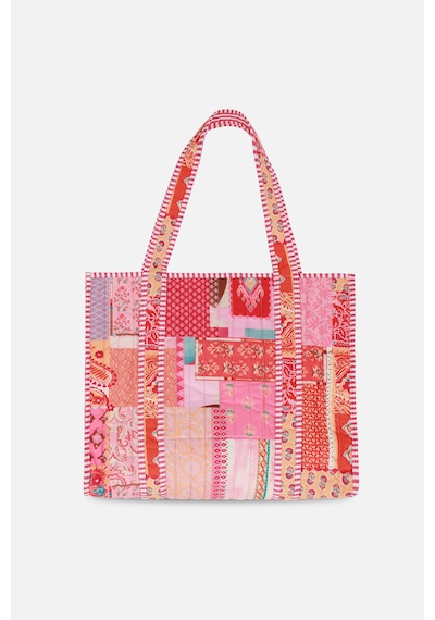 İcone Bag Patch Yama Desen Baskılı Kapitoneli Plaj Çantası, İçi Çizgili Baskılı Shopper Çanta, Pembe Plaj Çantası