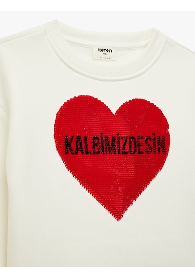 Koton Atatürk Baskılı Uzun Kollu Bisiklet Yaka Pullu Payetli Sweatshirt Ekru 6wkg10426ak Ekru