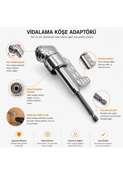 90 Derece Vidalama Köşe Adaptörü 360 Döner Başlıklı Matkap Aparatı Dar Alan Vida Sıkma Ucu 6.35mm Hex Şaft Profesyonel Açılı Adaptör