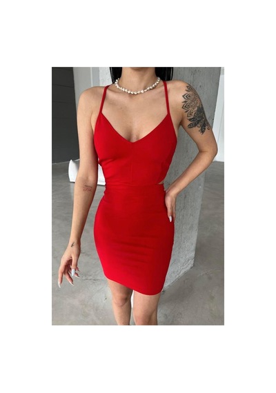 Kadın Trend Model Krep Kumaş V Yaka Kemerli Mini Askılı Elbise Kırmızı