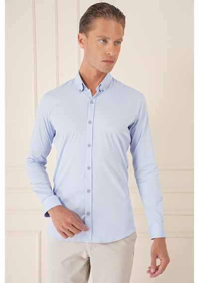 Efor Slim Fit Düğmeli Yaka Esnek Pamuk Klasik Mavi Gömlek Gk 727 Mavi