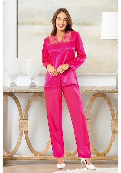 Faal 4610 Kadın Dantel Detaylı Saten Uzun Kollu Pijama Takım-fuşya Fuşya