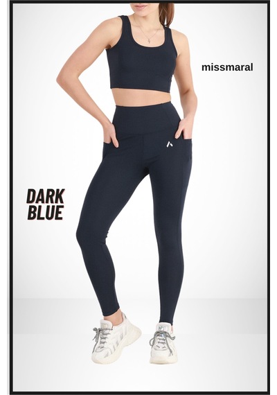 Kadın Lacivert Yüksek Bel Toparlayıcı Çift Cepli Spor Tayt Shades 1057 Lacivert