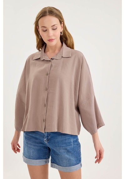 Vitrin Düşük Omuz Oversize Crop Gömlek VİZON