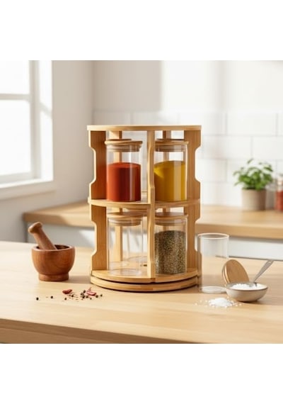 Doğal Bambu 360 Döner Standlı 10&apos Lu Cam Baharatlık Seti - Büyük Boy 250 Ml Ahşap Kapaklı Baharat Takımı Açık Bej