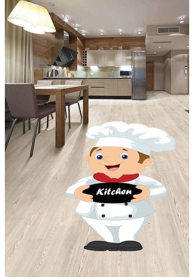 Beyaz Kaymaz Tabanlı Aşçı Lazer Kesim Mutfak Halısı Mt20n11