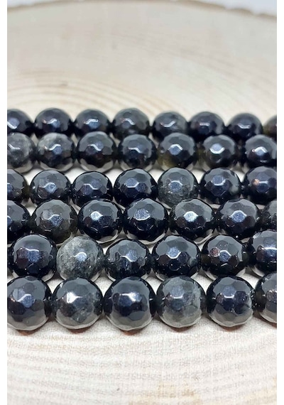 Golden & Siyah Obsidyen Taşı Faset Kesim Dizi 8mm