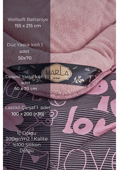 Love Desen Welsoft Pamuklu Çift Taraflı Pofuduk Tek Kişilik Uyku Seti - Pembe - 155 X 215
