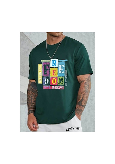 Medinenur Feedom Baskılı Unisex Bisiklet Yaka Tshirt Yeşil