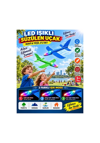 2 Li Led Işıklı Köpük Uçak Seti Mavi & Yeşil Hafif Dayanıklı Fırlatma Uçağı Açık Hava Oyuncağı - 922546684