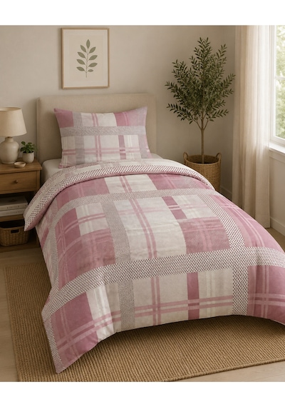 Tek Kişilik Nevresim Takımı %100 Pamuk 160x220 Lastikli Çarşaflı 100x200 Beyaz - Pembe