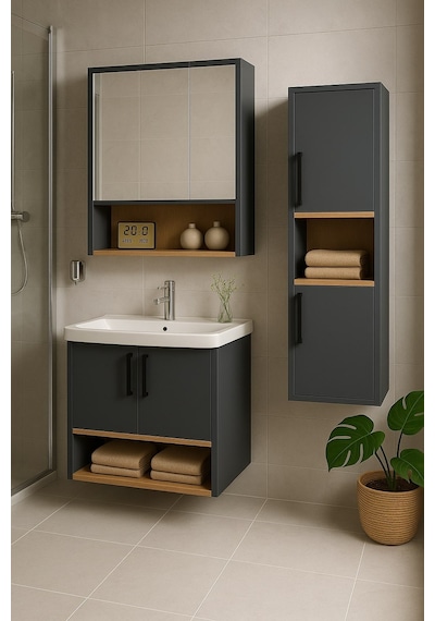 Dmz Home Concept Legna 80 Cm Antrasit-ahşap Renkli, Tamamı MDF, Seramik Lavabolu, Alt - Üst Ve Boy Dolaplı Tamamı Mdf, Banyo Dolabı Seti Dmz Home Concept Legna 80 Cm Antrasit-ahşap Renkli, Tamamı MDF, Seramik Lavabolu, Alt - Üst Ve Boy Dolaplı Tamamı Mdf, Banyo Dolabı Seti