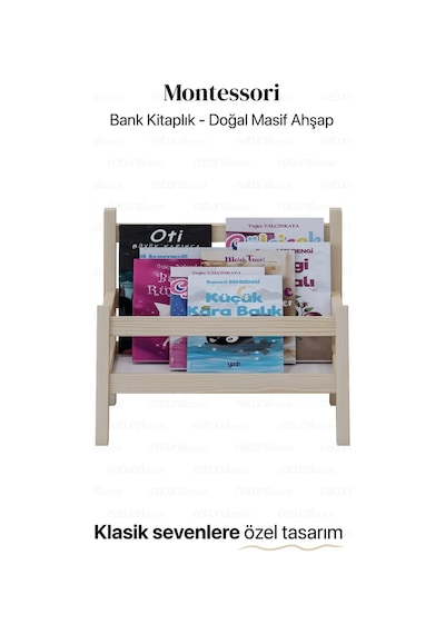 Baby Shark Klasik Masif Ahşap Montessori Bank Kitaplık ve Klasik Dergilik Ahşap