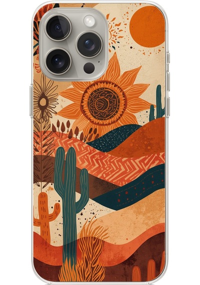 İphone 15 Pro Uyumlu Etnik Güneş Ve Mandala Figürlü Toprak Tonları Baskılı Silikon Kılıf Renkli