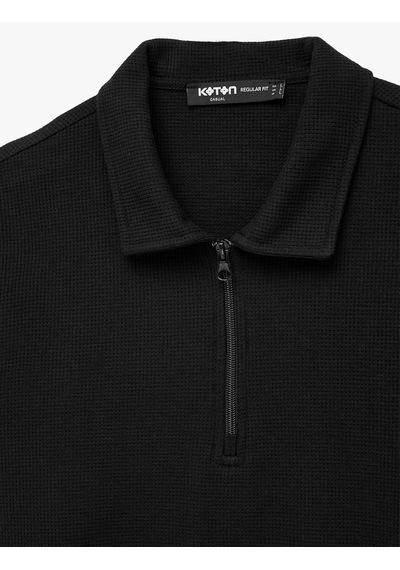 Koton Regular Fit Kısa Kollu Waffle Dokulu Yarım Fermuarlı Polo Yaka Tişört Siyah 6sam10289mk