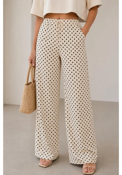 Kadın Puantiyeli Alt Üst Takım Oversize Bluz Ve Bol Paça Pantolon - 2426 L Bej