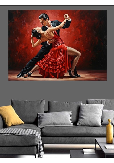 Kırmızı Ve Aşk Temalı Tango Yapan Tutkulu Çift Dekoratif Kanvas - Mdf Ahşap Tablo