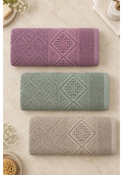 Elmas Motifli El Yüz Havlusu 50x90 Cm 3 Lü Set %100 Pamuk - Sage Amethyst Çok Renkli