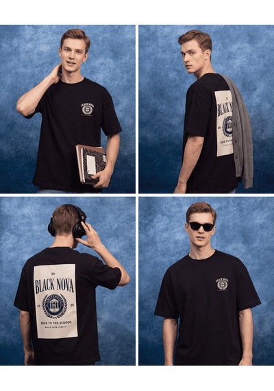 Black Nova Oversize Baskılı Unisex Tişört The Academy Black Siyah