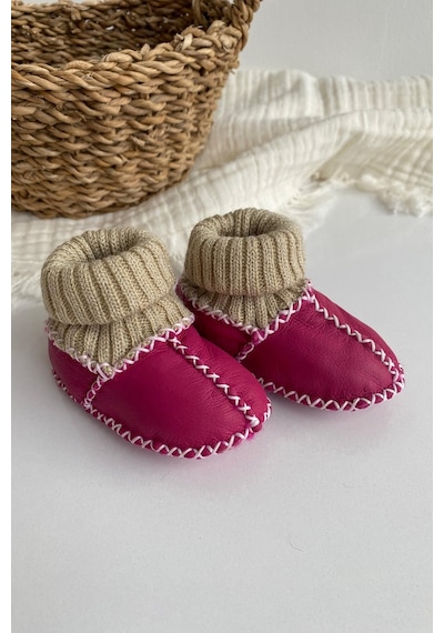 Babywom Babywom Çoraplı Organik Deri Kız Bebek Botu- 1006 Fuşya