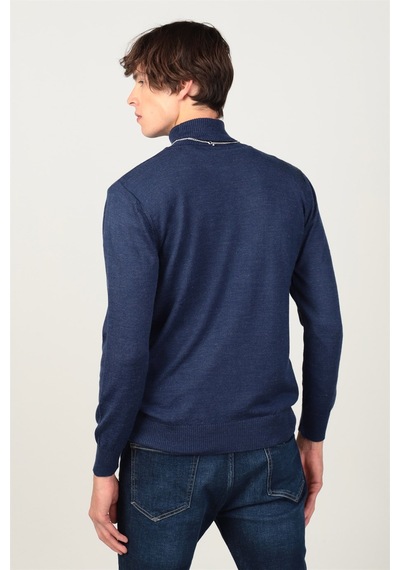 Tudors Slim Fit Dar Kesim Tam Boğazlı Yaka Düz Yün Erkek Kazak-25696 Saks