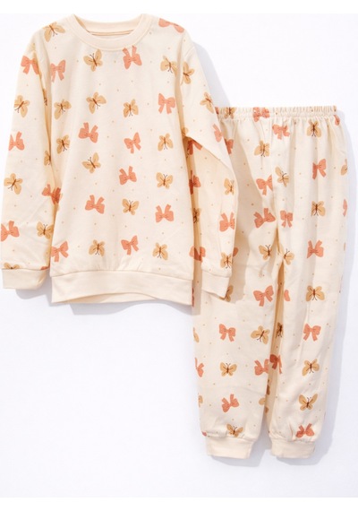 Kelebek Desenli Kız Çocuk Pijama Takımı Beyaz