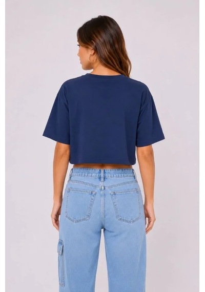 Meleners Kedi Baskılı Oversize Crop Tişört Salaş Basic Yarım Kol T-shirt - Lacivert