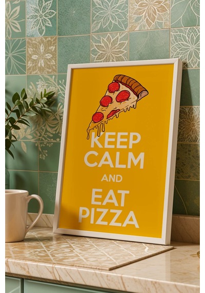 Retro Keep Calm And Eat Pizza Çerçeveli Tablo - Modern Mutfak Ve Yemek Odası Duvar Dekoru Beyaz