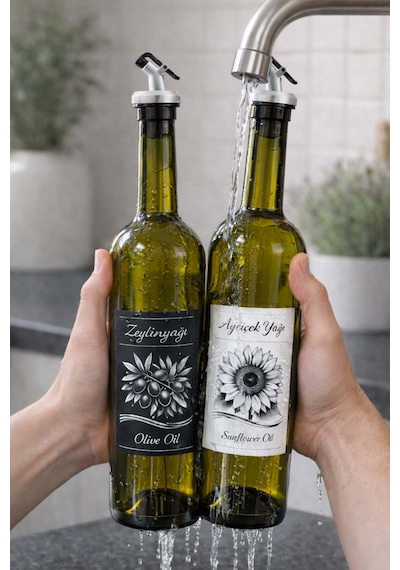 Korumalı Standlı Zeytinyağı Ve Ayçiçek Yağı Şişesi Seti, Etiketli Ve Yağdanlıklı, 750 Ml, 2 Adet Gri
