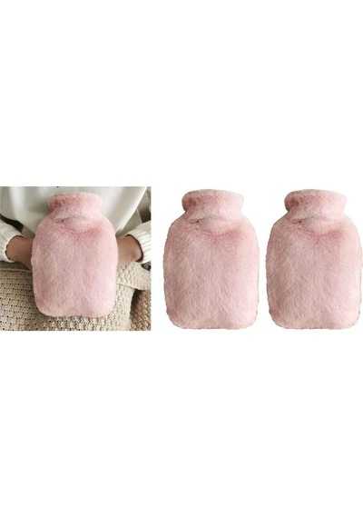 2 Adet Sıcak Su Torbası Yan Cepli Pembe Peluş Termofor 27x17x2cm 1 Litre Pembe
